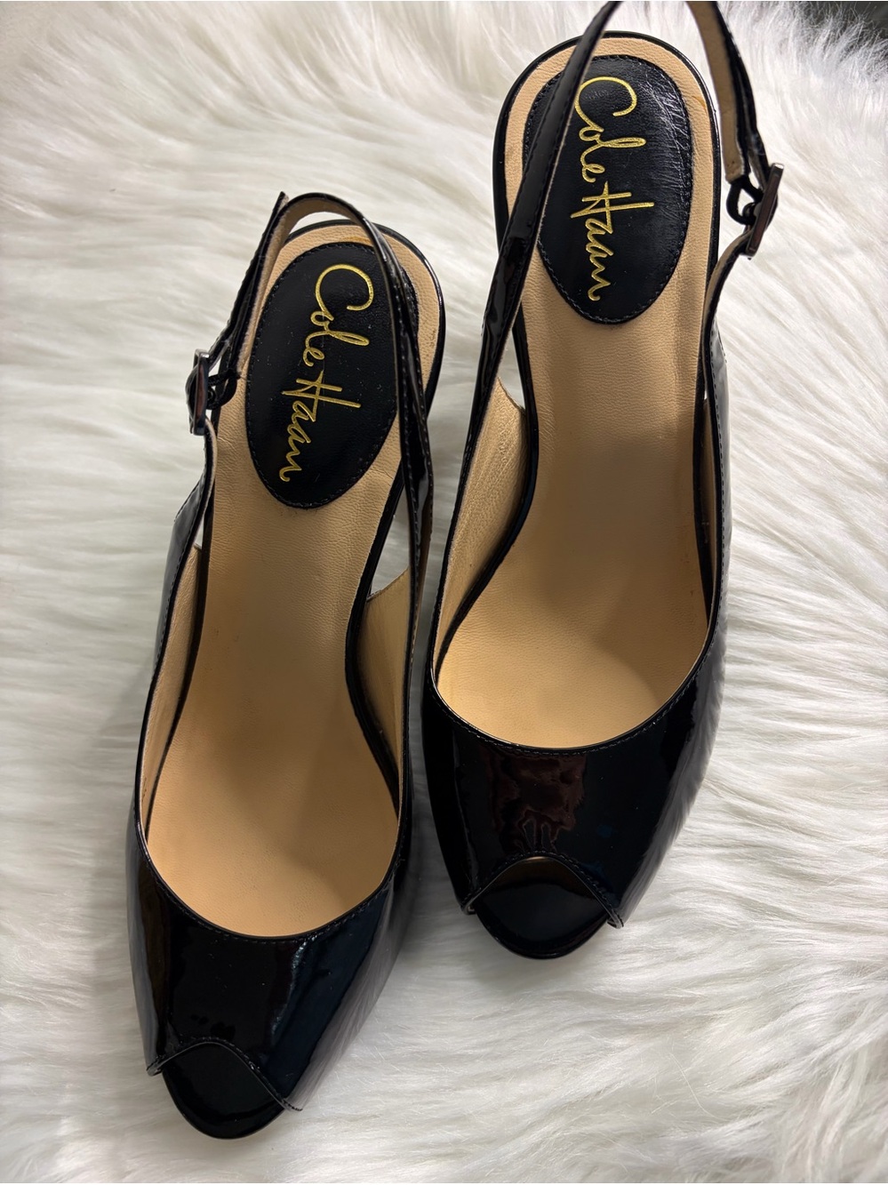 Cole Haan Black Patent Peep-Toe Slingback Pumps NikeAir Size B